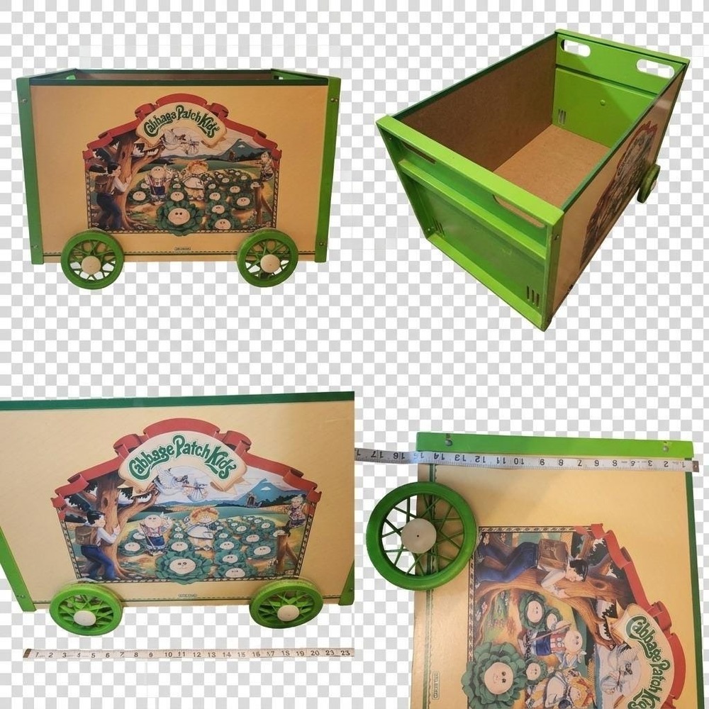 Vintage Cabbage Patch Kids Wooden Toy Box Crate on Wheels Rolling Storage 1980s